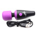 Compact black and purple mini vibrating wand with flexible head and USB charging cable on white background.