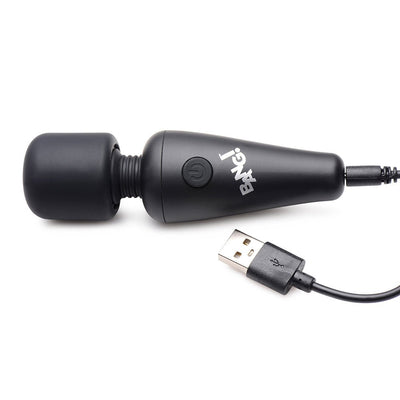 Black BANG! 10X Vibrating Mini Wand with flexible neck and USB charging cable on white background.