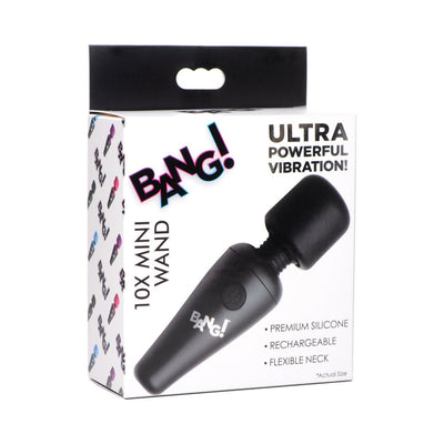 Packaging box of BANG! 10X Vibrating Mini Wand in black with product image and key features listed.