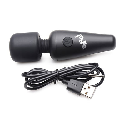 Compact black BANG! 10X Vibrating Mini Wand with flexible head and USB charging cable on white background.