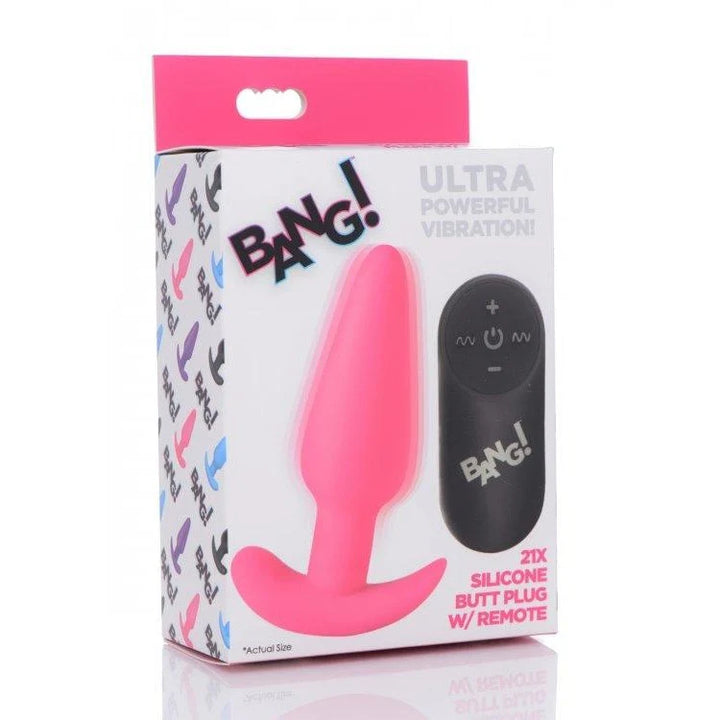 Packaging of a pink silicone butt plug with wireless remote control, featuring ultra-powerful vibration and playful branding.