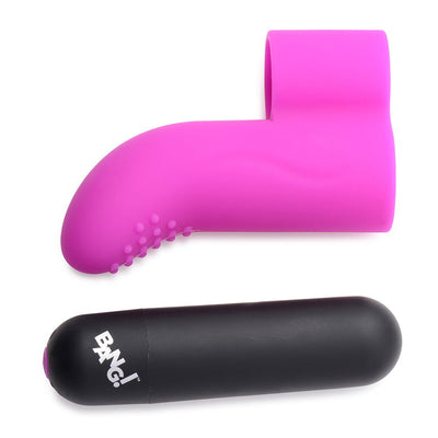 Purple textured silicone finger sleeve and black bullet vibrator from Bang! Couple's Kit shown on white background.