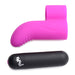 Purple textured silicone finger sleeve and black bullet vibrator from Bang! Couple's Kit shown on white background.