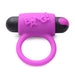 Purple silicone vibrating cock ring with black bullet and raised "BANG!" text on top, designed for couples.