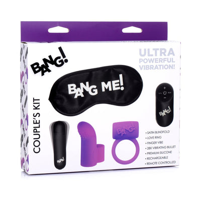 Bang! Couple's Kit packaging showing satin blindfold, purple finger vibe, love ring, vibrating bullet, and remote control.