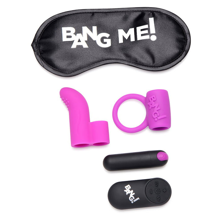 Black satin blindfold with white text, purple silicone finger sleeve and cock ring, black vibrating bullet, and remote control.