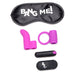 Black satin blindfold with white text, purple silicone finger sleeve and cock ring, black vibrating bullet, and remote control.