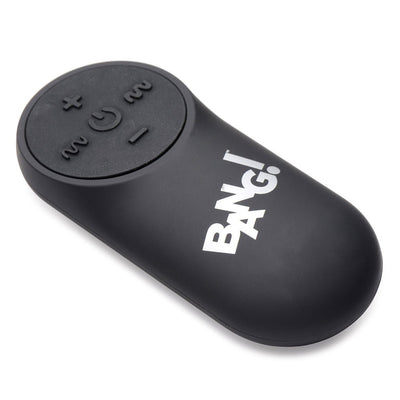 Black wireless remote control with buttons and white Bang! logo for couple's kit vibrator functions.
