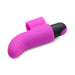 Purple silicone finger vibrator sleeve with textured bumps and black bullet vibrator insert on white background
