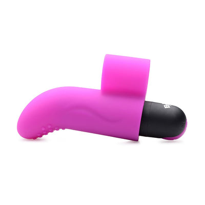 Purple silicone finger vibe with textured tip and black removable vibrating bullet insert against white background.