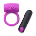 Purple silicone vibrating cock ring with Bang! logo and compact black bullet vibrator with purple power button.