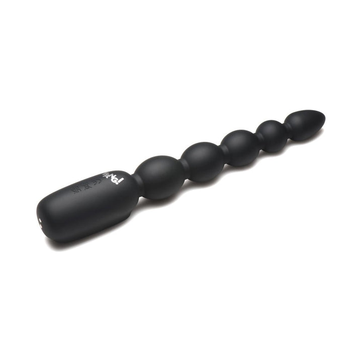 Black silicone anal beads with graduated sizes and a digital control handle on a white background.