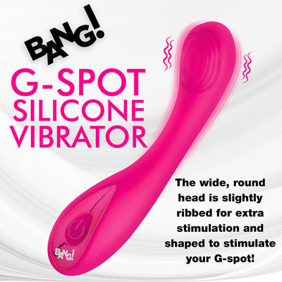 Bright pink curved G-spot vibrator with ribbed head and power button, shown with text highlighting its features.
