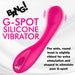 Bright pink curved G-spot vibrator with ribbed head and power button, shown with text highlighting its features.