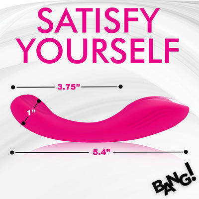 Pink curved G-spot vibrator with measurements 5.4 inches length and 1 inch diameter, on white background with bold text.