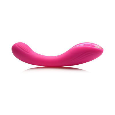 Pink curved silicone G-spot vibrator with textured head and ergonomic handle on white background.