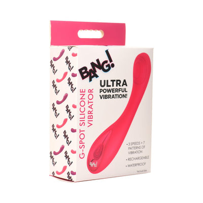 Packaging box of Bang! G-Spot Silicone Vibrator in bright pink with product image and features listed on front.