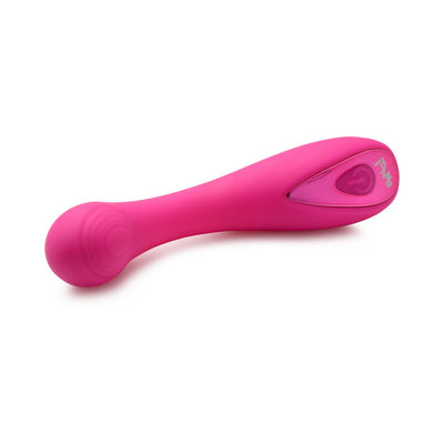 Pink silicone G-spot vibrator with a rounded, ribbed head and ergonomic handle with power button.