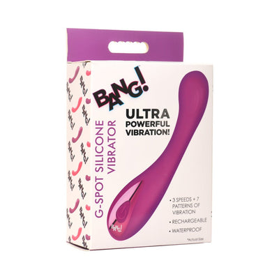 Packaging box of Bang! G-Spot Silicone Vibrator in purple with product features and branding visible.