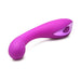 Purple curved silicone G-spot vibrator with ribbed head and control button on handle against white background.