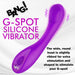 Purple silicone G-spot vibrator with a wide, ribbed, curved head and power button on the base, shown with product text.