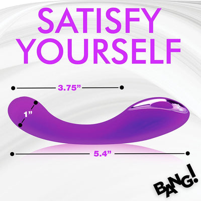 Purple curved G-spot vibrator with measurements 5.4 inches long and 1 inch wide, sleek silicone design.