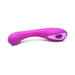 Purple silicone G-spot vibrator with curved, ribbed head and ergonomic handle with control button.