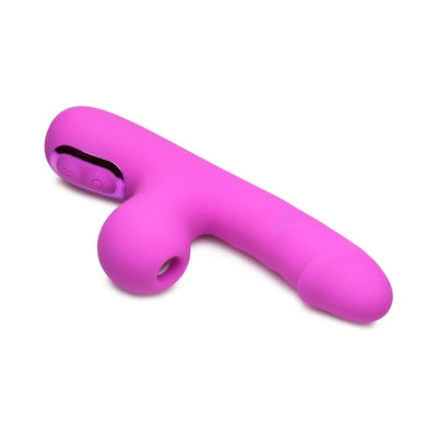 Pink silicone mini rabbit vibrator with curved clit suction arm and control buttons on white background.