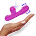 Compact purple mini rabbit vibrator shown above an open hand with motion lines indicating vibration and suction functions.