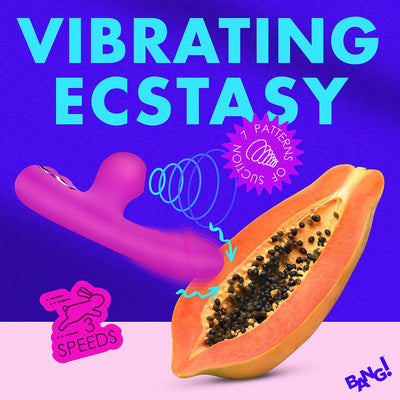 Purple mini suction rabbit vibrator graphic with papaya fruit and text highlighting 3 speeds and 7 suction patterns.