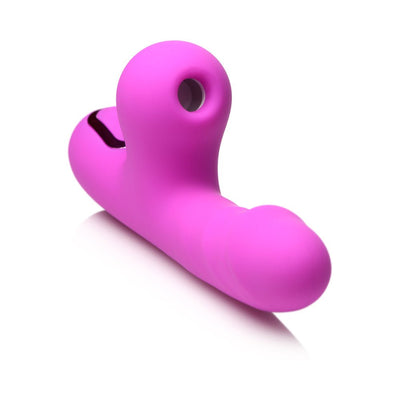 Pink mini rabbit vibrator with curved clit suction arm and smooth shaft, made of silicone, shown on white background.