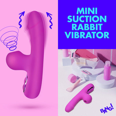 Purple mini suction rabbit vibrator shown with motion lines and bathroom accessories in the background.
