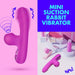 Purple mini suction rabbit vibrator shown with motion lines and bathroom accessories in the background.