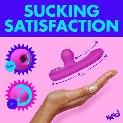 Purple mini rabbit vibrator with suction cup, shown with size dimensions and held in a hand against a pink background.