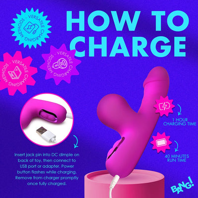 Pink Bang Mini Suction Rabbit Vibrator showing USB charging method with 1-hour charge time and 40-minute run time details.