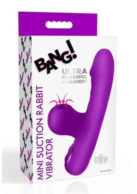 Purple mini suction rabbit vibrator with curved clit stimulator and textured shaft shown on product packaging.