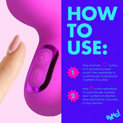 Close-up of a finger pressing the control buttons on a purple mini suction rabbit vibrator with usage instructions on the side.