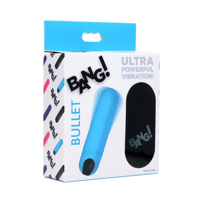 Packaging box of XR Brands BANG! blue vibrating bullet with wireless remote control shown on front.