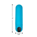Blue compact vibrating bullet with black power button, measuring 3 inches long and 0.8 inches wide.