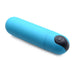 Blue compact vibrating bullet with black power button on white background