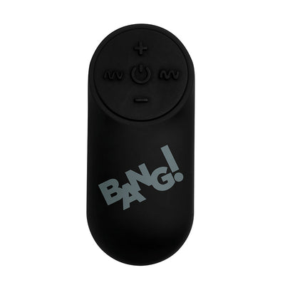 Black wireless remote control for XR Brands BANG! vibrating bullet with power and vibration mode buttons.