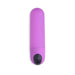 Compact purple vibrating bullet with black power button on white background.