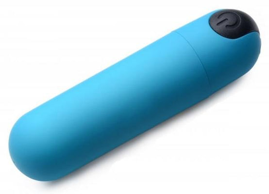 Blue compact vibrating bullet with black power button, smooth silicone finish, designed for discreet pleasure.