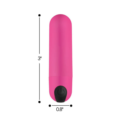 Pink compact vibrating bullet with black power button, measuring 3 inches long and 0.8 inches wide.