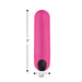 Pink compact vibrating bullet with black power button, measuring 3 inches long and 0.8 inches wide.