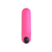 Compact pink vibrating bullet with black power button on white background