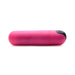 Pink compact vibrating bullet with black power button on white background