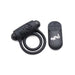 Black silicone vibrating cock ring with dual rings and bullet, paired with a compact remote control featuring multiple buttons.