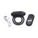 Black silicone vibrating cock ring with remote control and USB charging cable on white background.