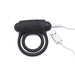 Black silicone vibrating cock ring with dual rings and USB charging cable on white background